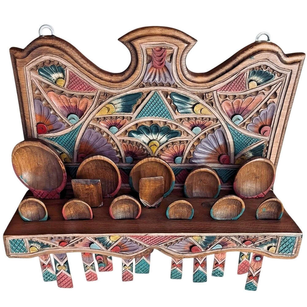Rare Large Mexican Folk Art Hand Carved Painted Wood Spoon Rack Wall Shelf